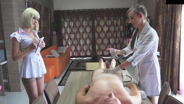 A nurse and a doctor fucks with a patient in a living room