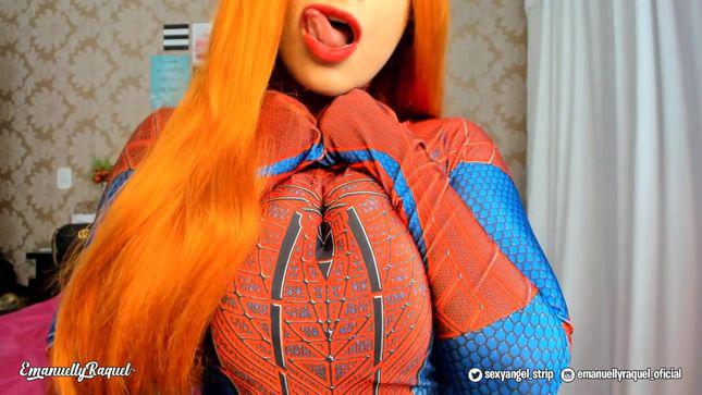 Redhead cosplayer plays with dildo in front of webcam